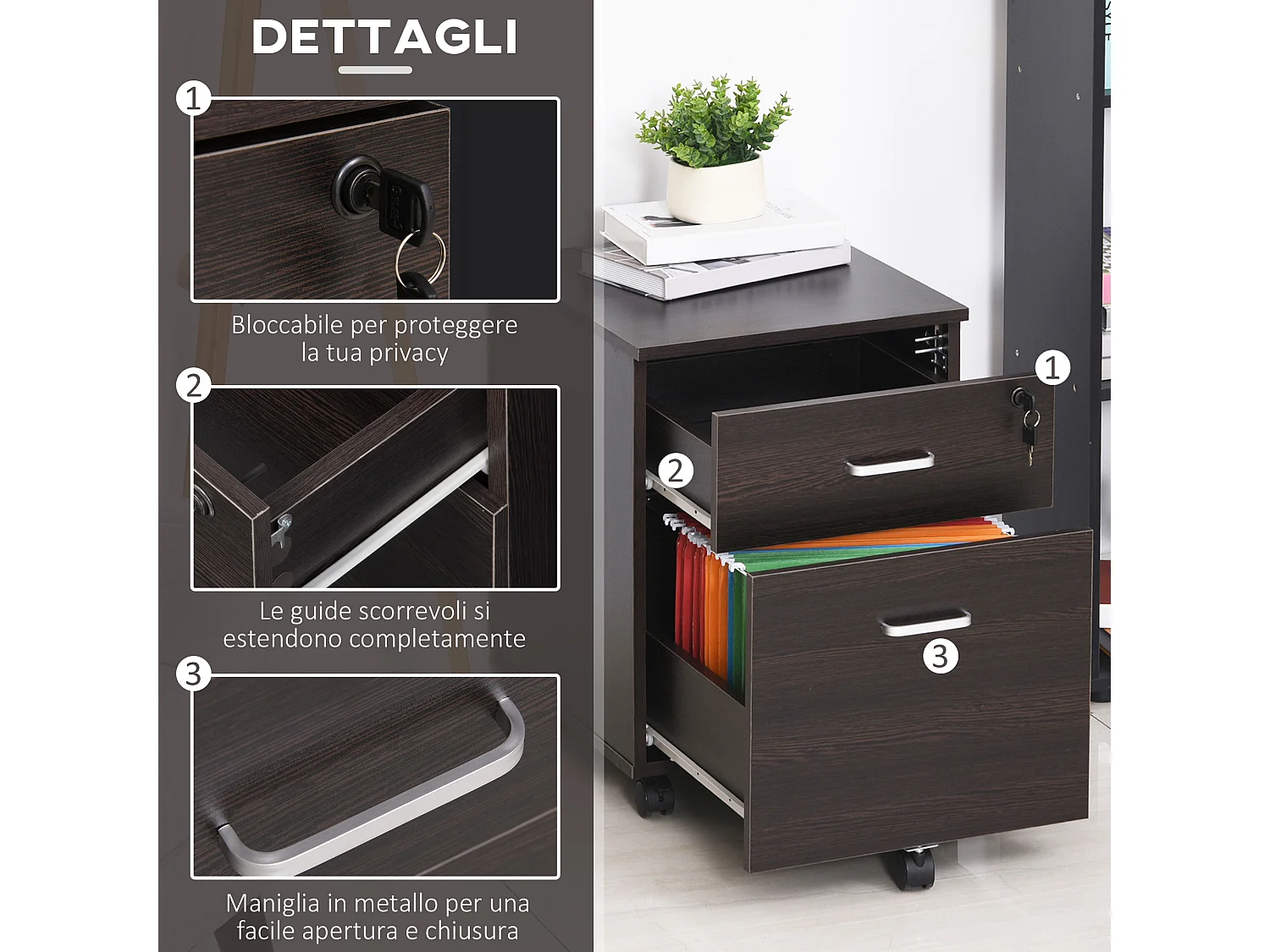 Cassettiera portadocumenti per ufficio con 2 cassetti e serratura