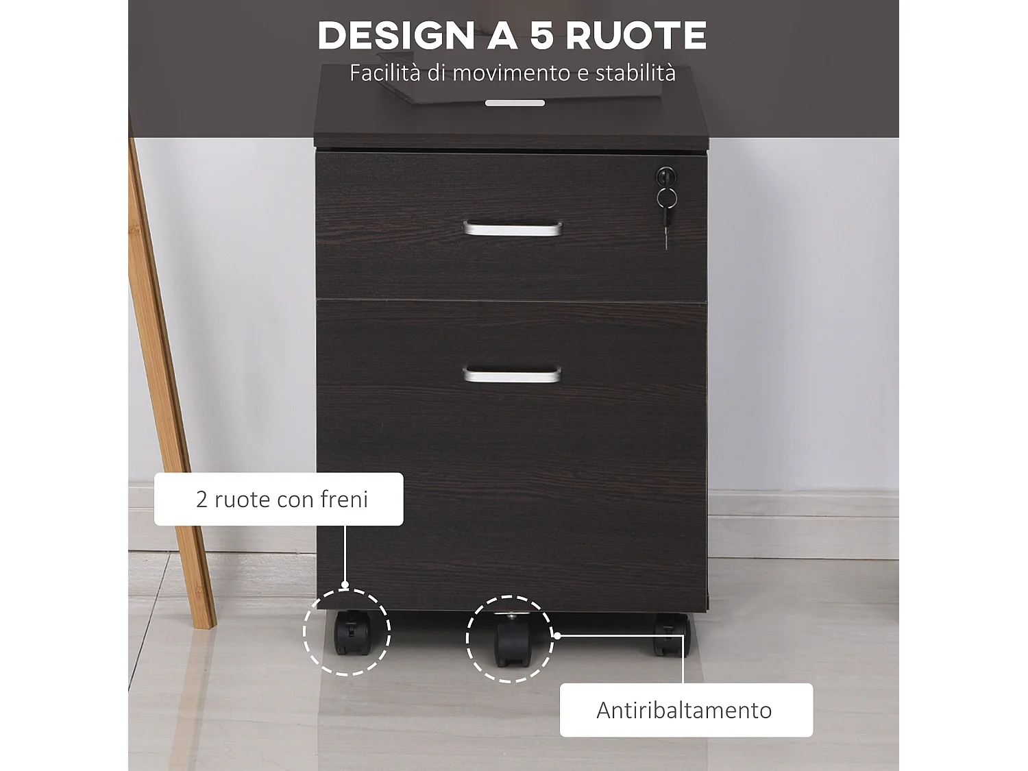 Cassettiera portadocumenti per ufficio con 2 cassetti e serratura