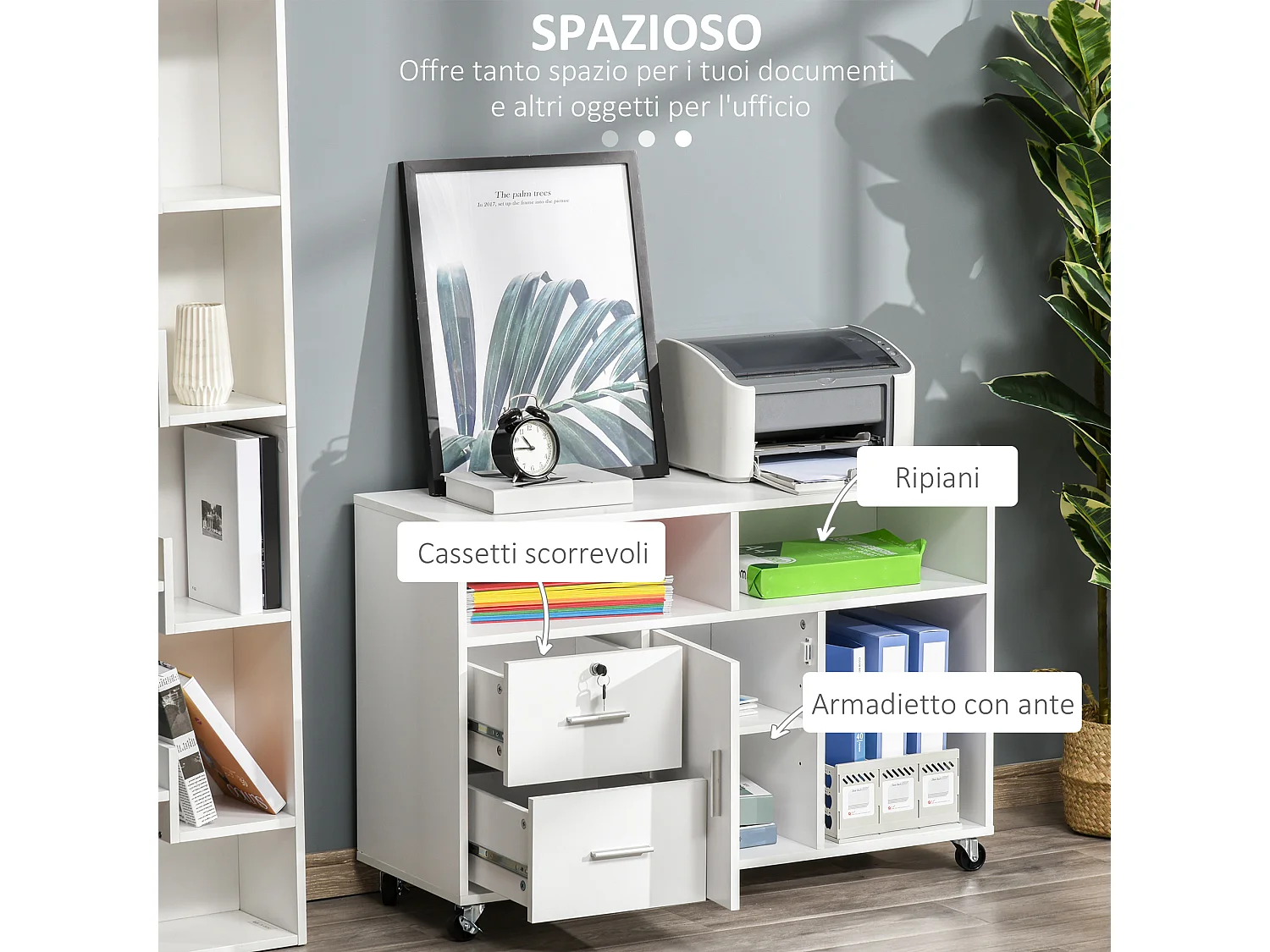 Mobile porta stampante con cassetti mobiletto multiuso bianco