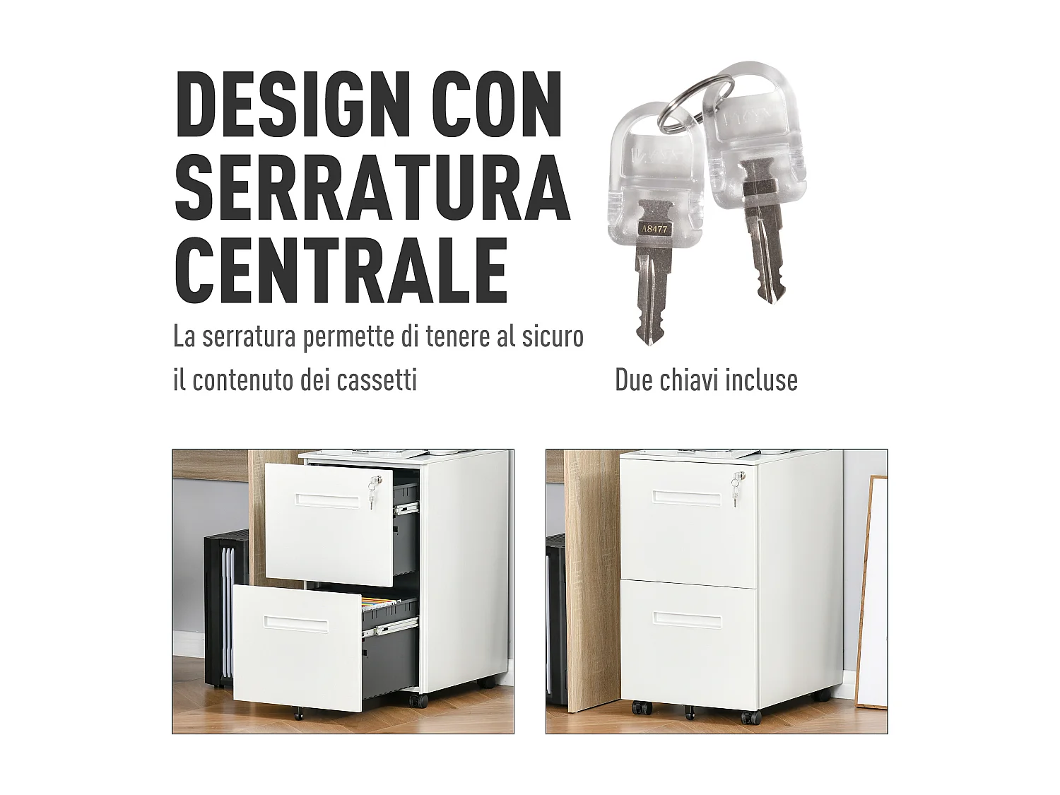 Cassettiera schedario 2 cassetti con serratura 39x48x67cm