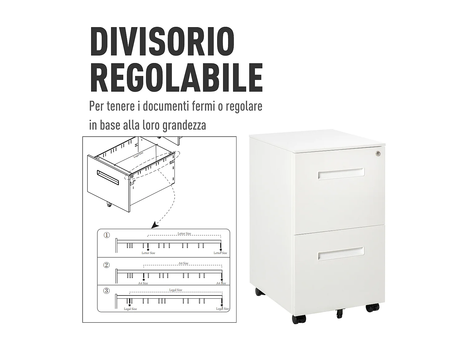 Cassettiera schedario 2 cassetti con serratura 39x48x67cm