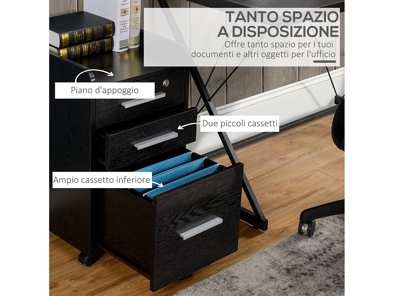 Cassettiera portadocumenti a 3 cassetti con chiavi e 5 ruote nero