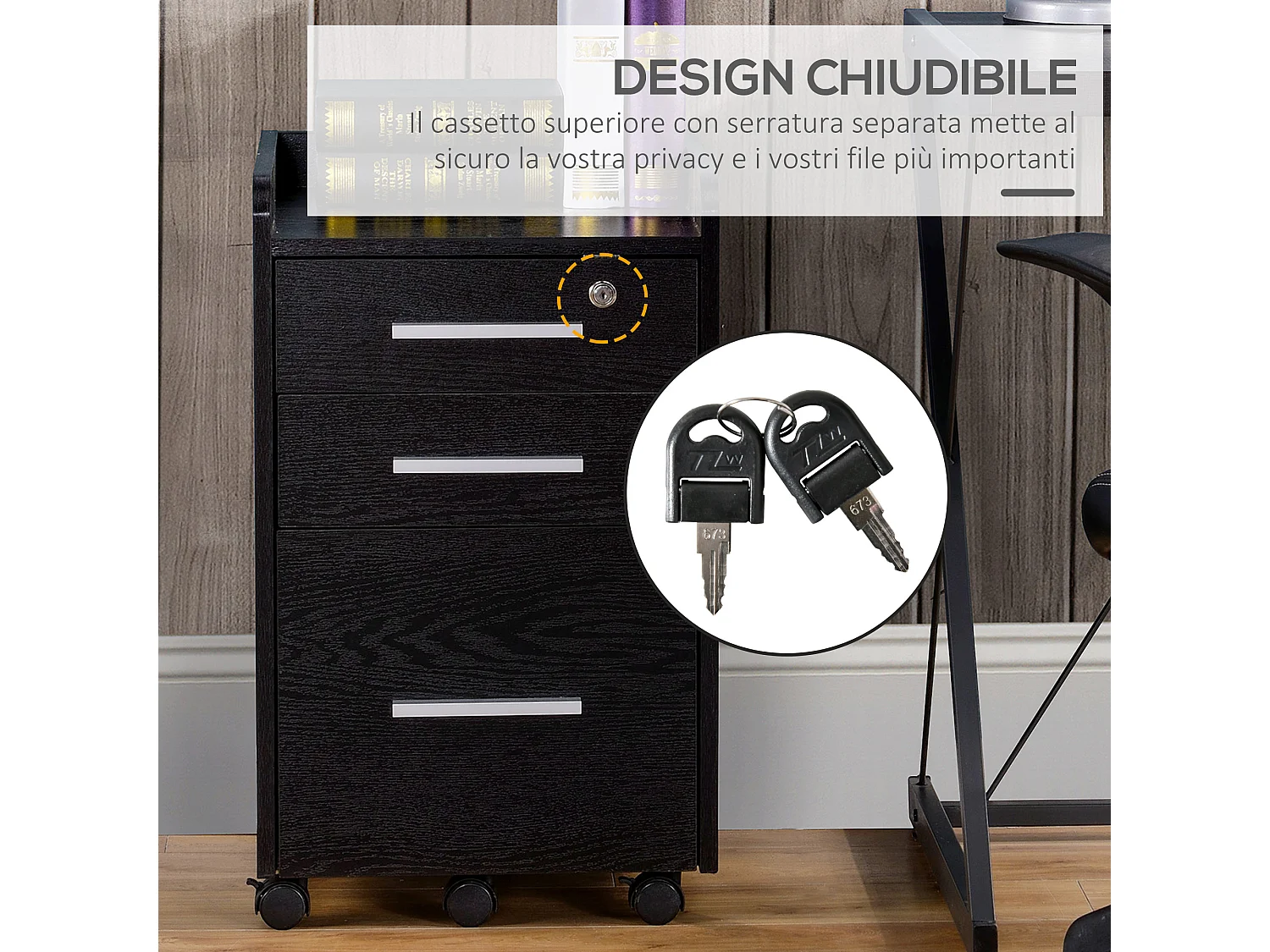 Cassettiera portadocumenti a 3 cassetti con chiavi e 5 ruote nero