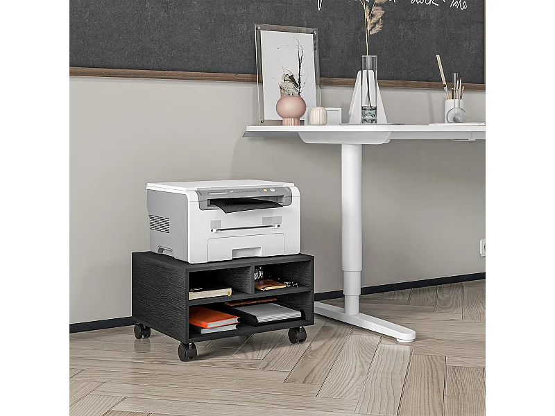 Mobile porta stampante a 2 ripiani con ruote in legno nero
