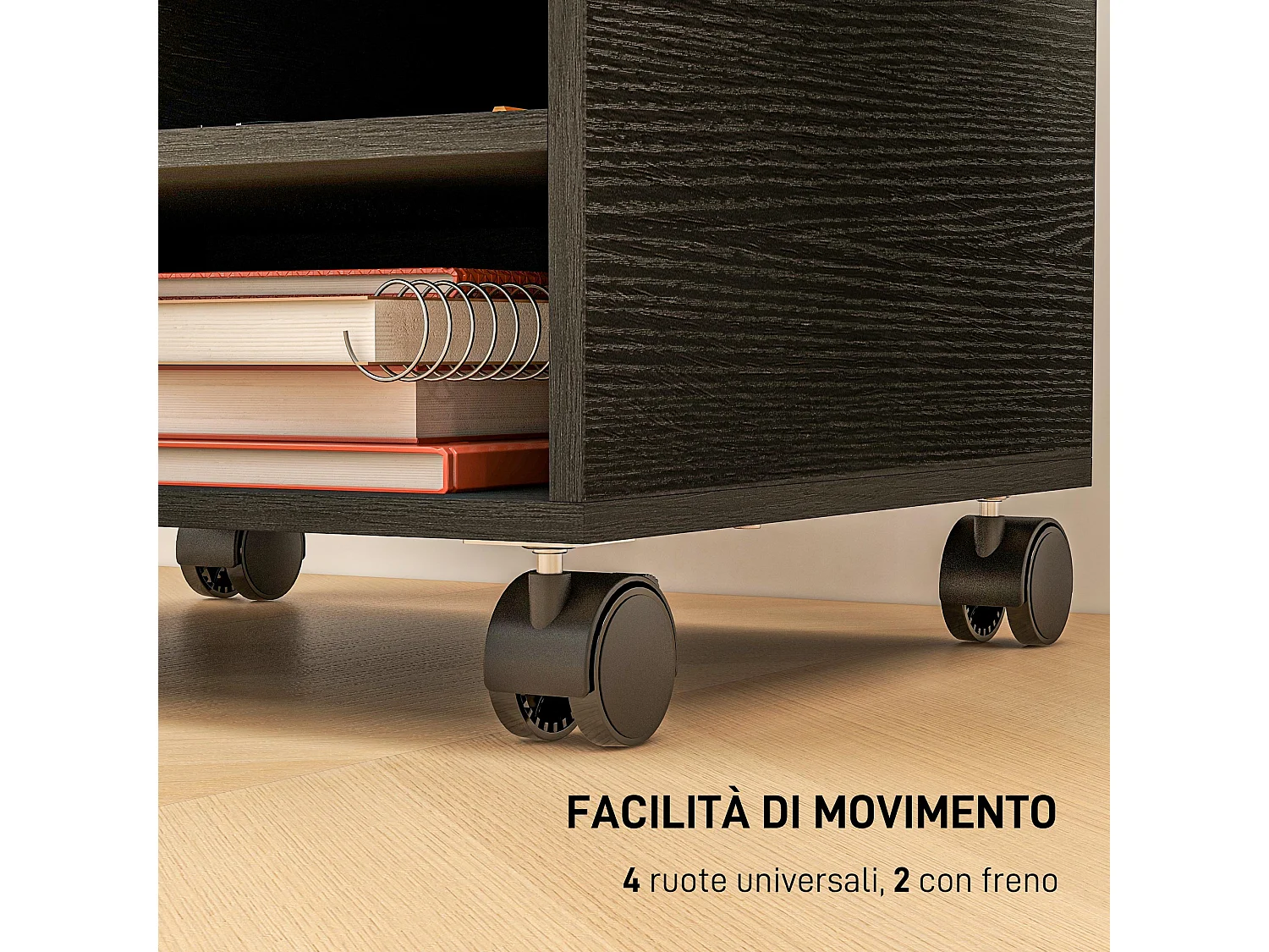 Mobile porta stampante a 2 ripiani con ruote in legno nero