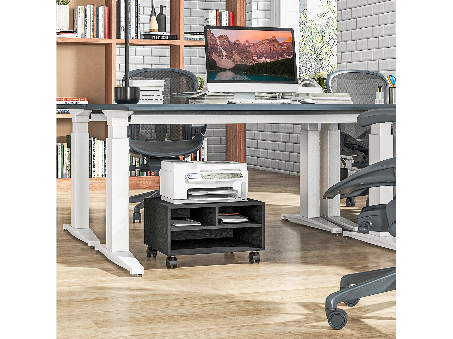 Mobile porta stampante a 2 ripiani con ruote in legno nero