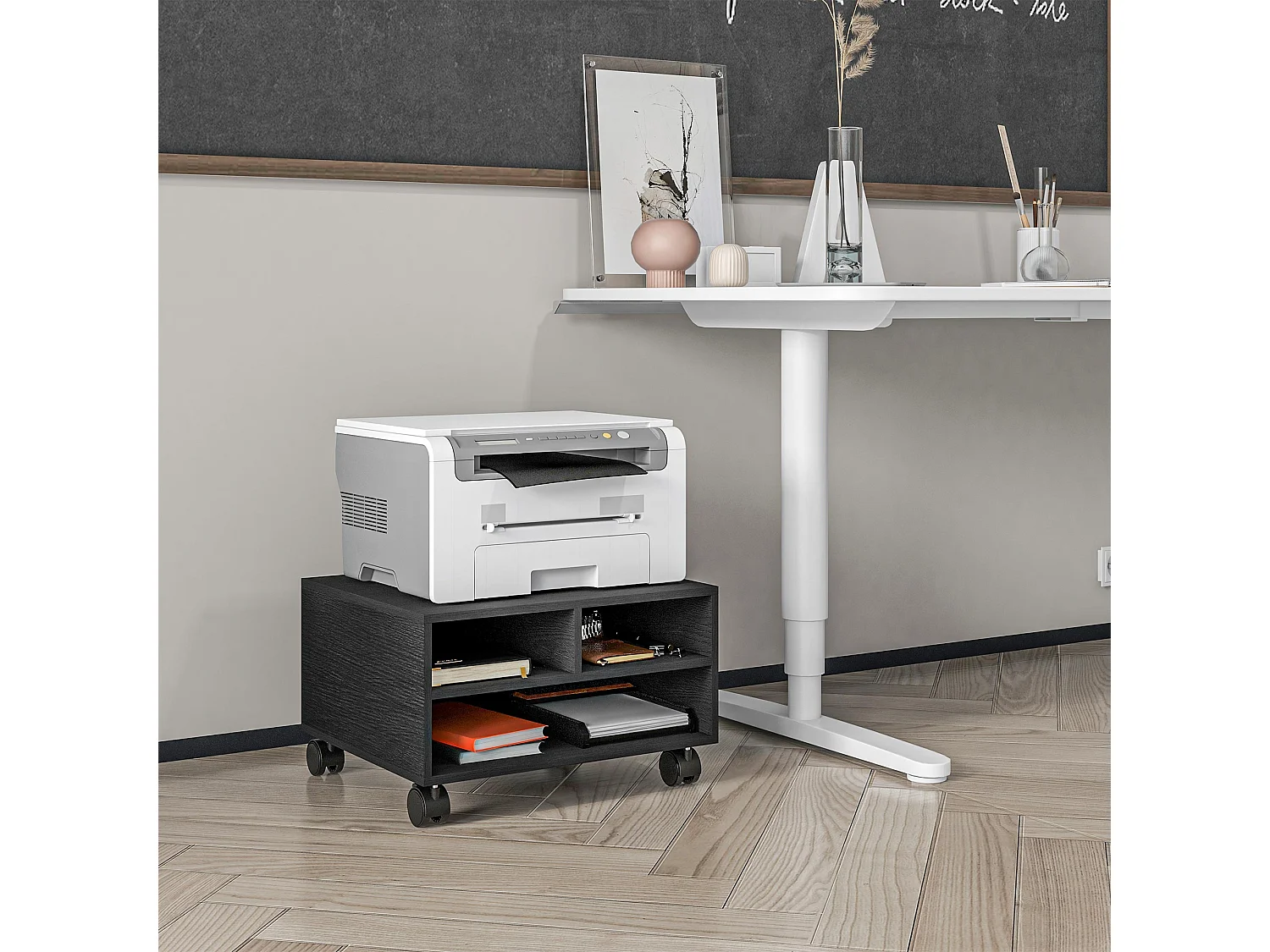 Mobile porta stampante a 2 ripiani con ruote in legno nero