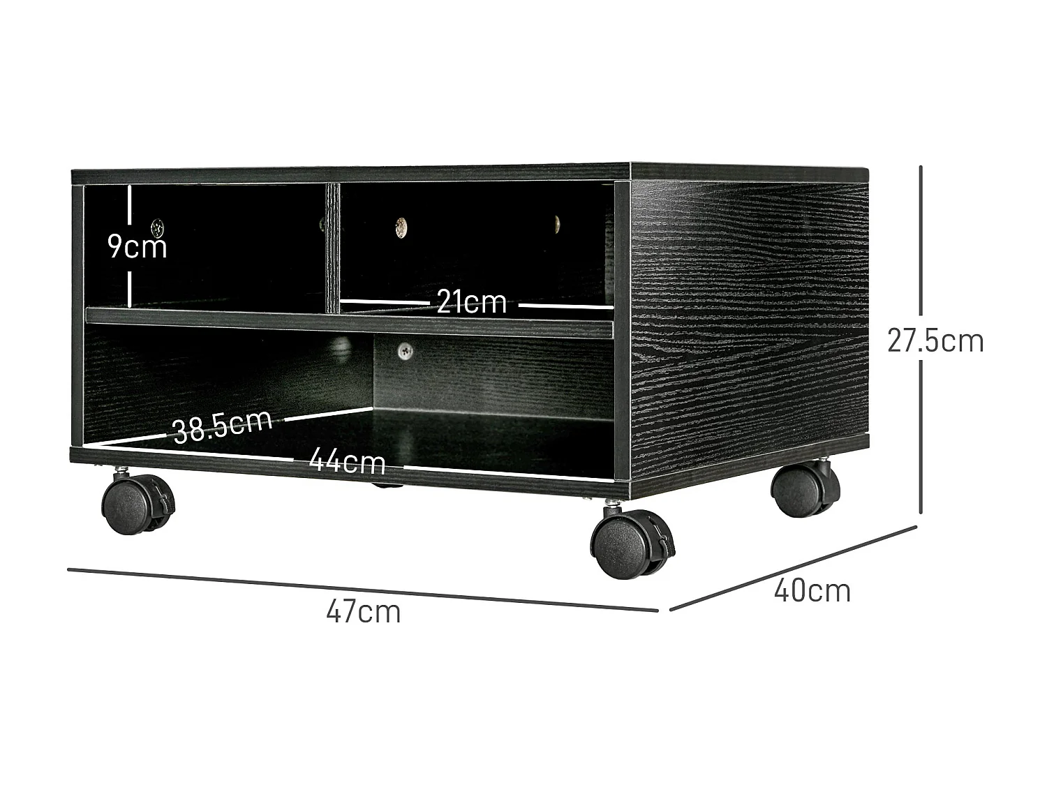 Mobile porta stampante a 2 ripiani con ruote in legno nero