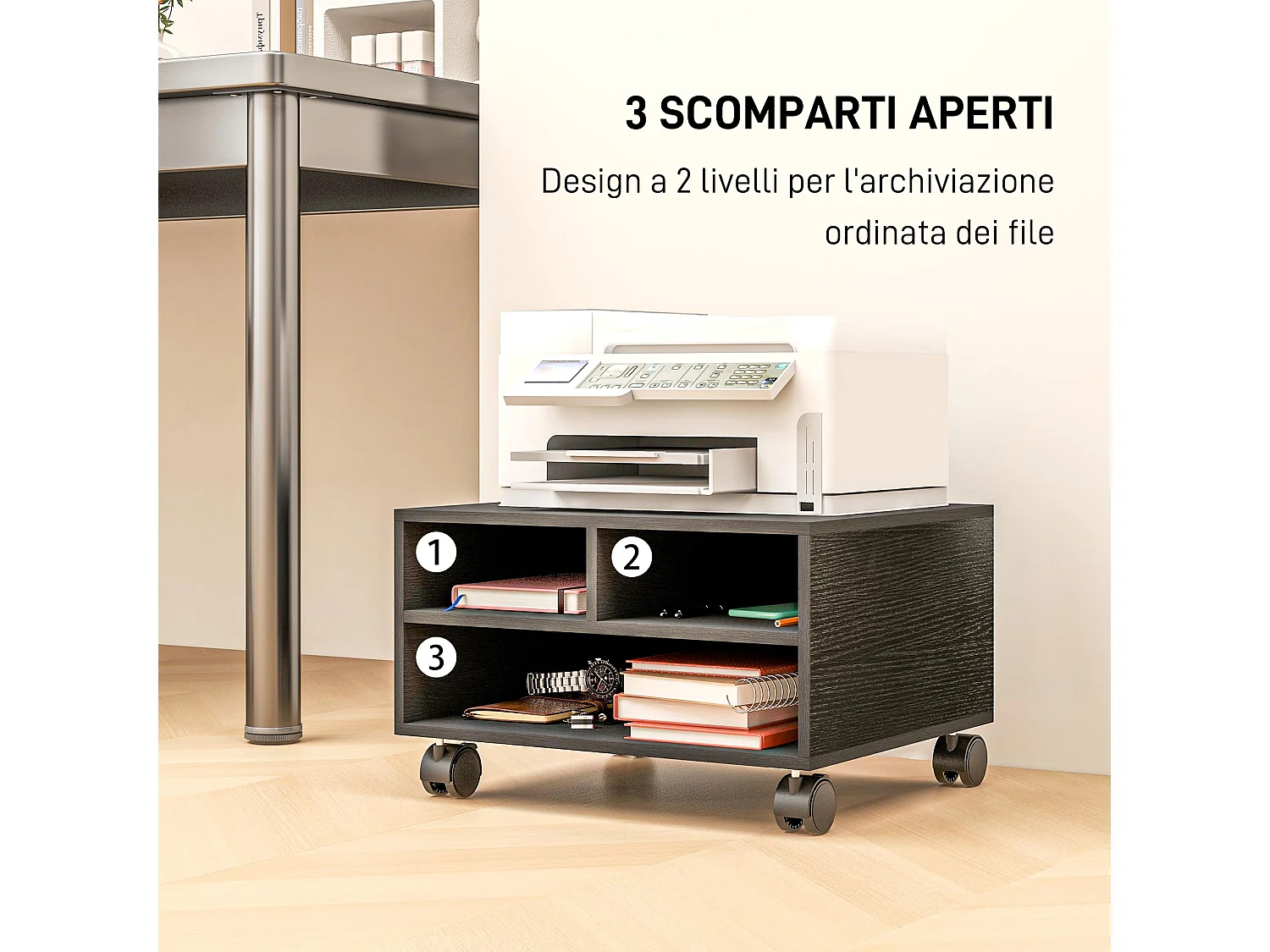 Mobile porta stampante a 2 ripiani con ruote in legno nero