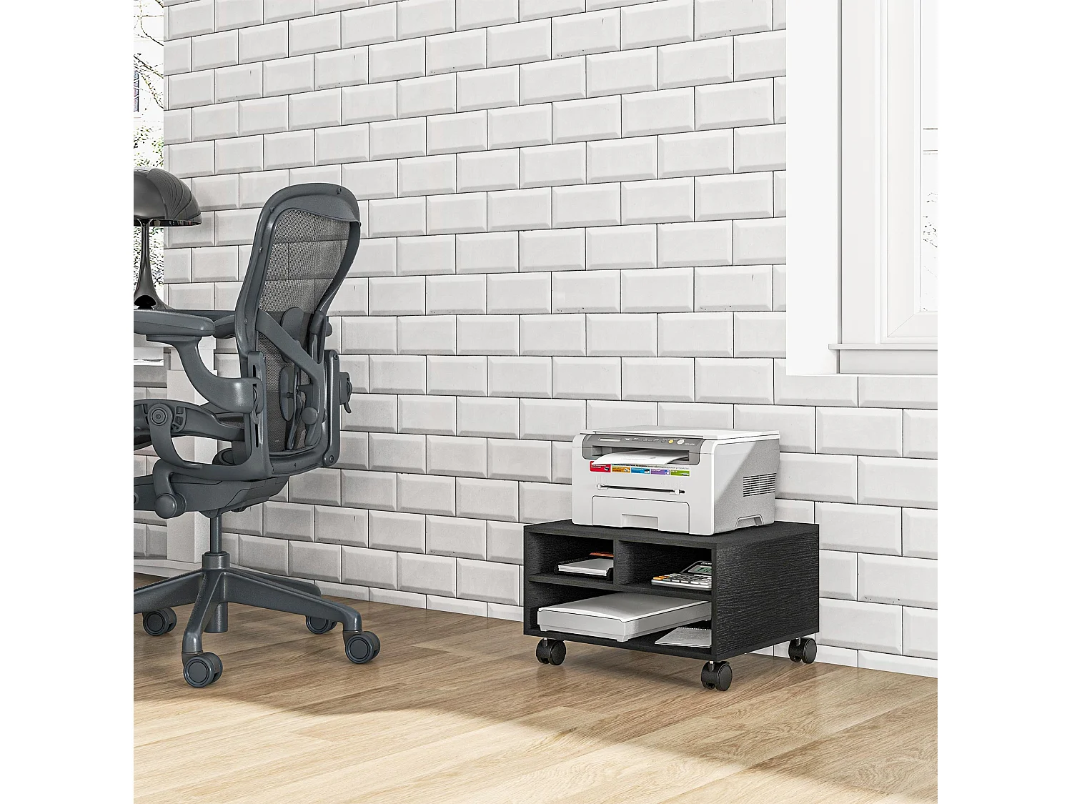 Mobile porta stampante a 2 ripiani con ruote in legno nero