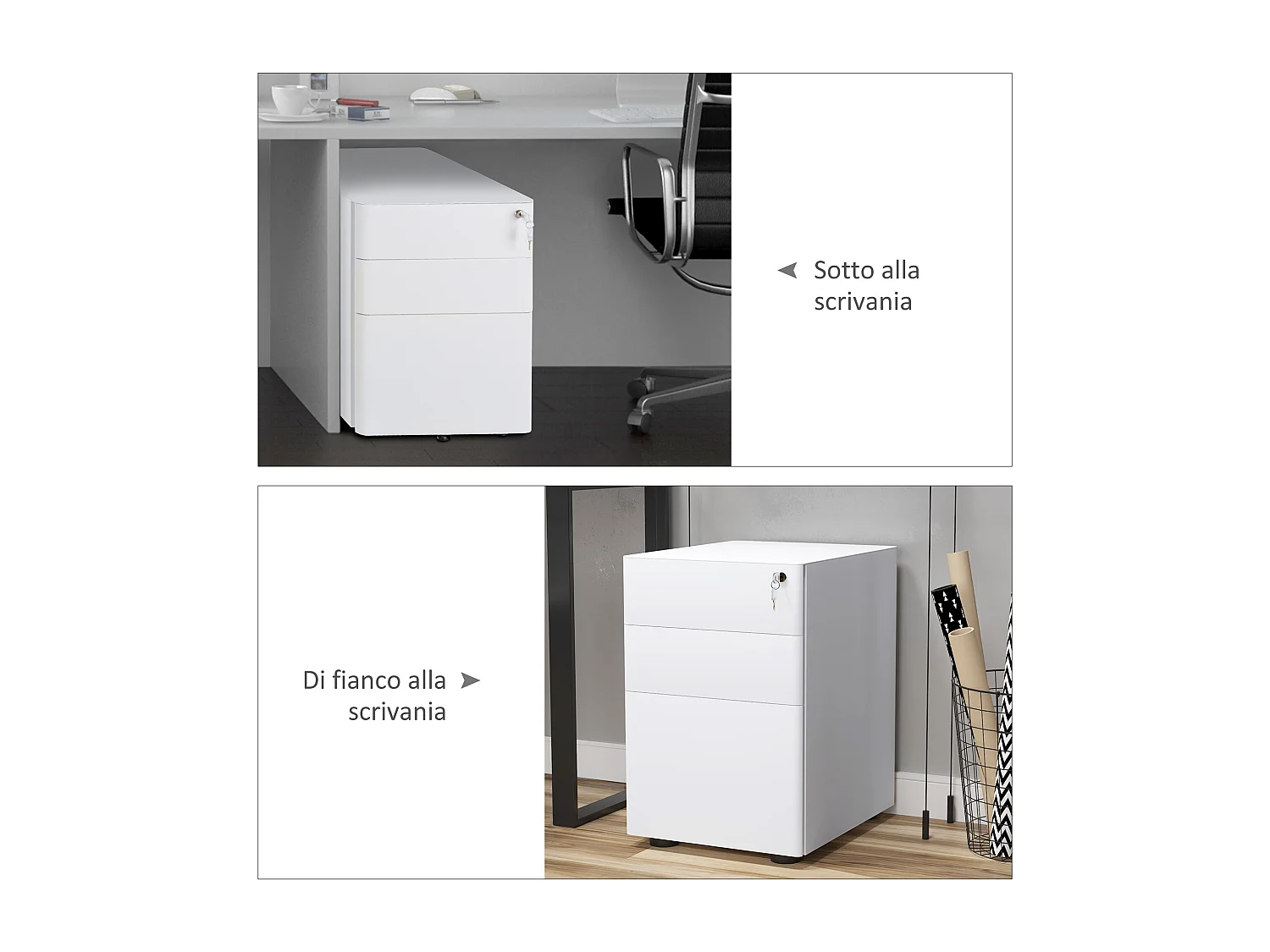 Cassettiera da ufficio con serratura e ruote in acciaio bianco