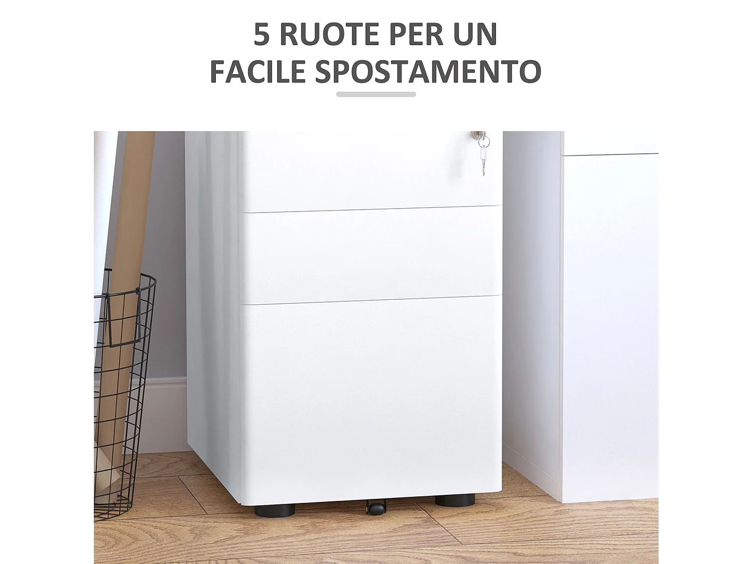 Cassettiera da ufficio con serratura e ruote in acciaio bianco