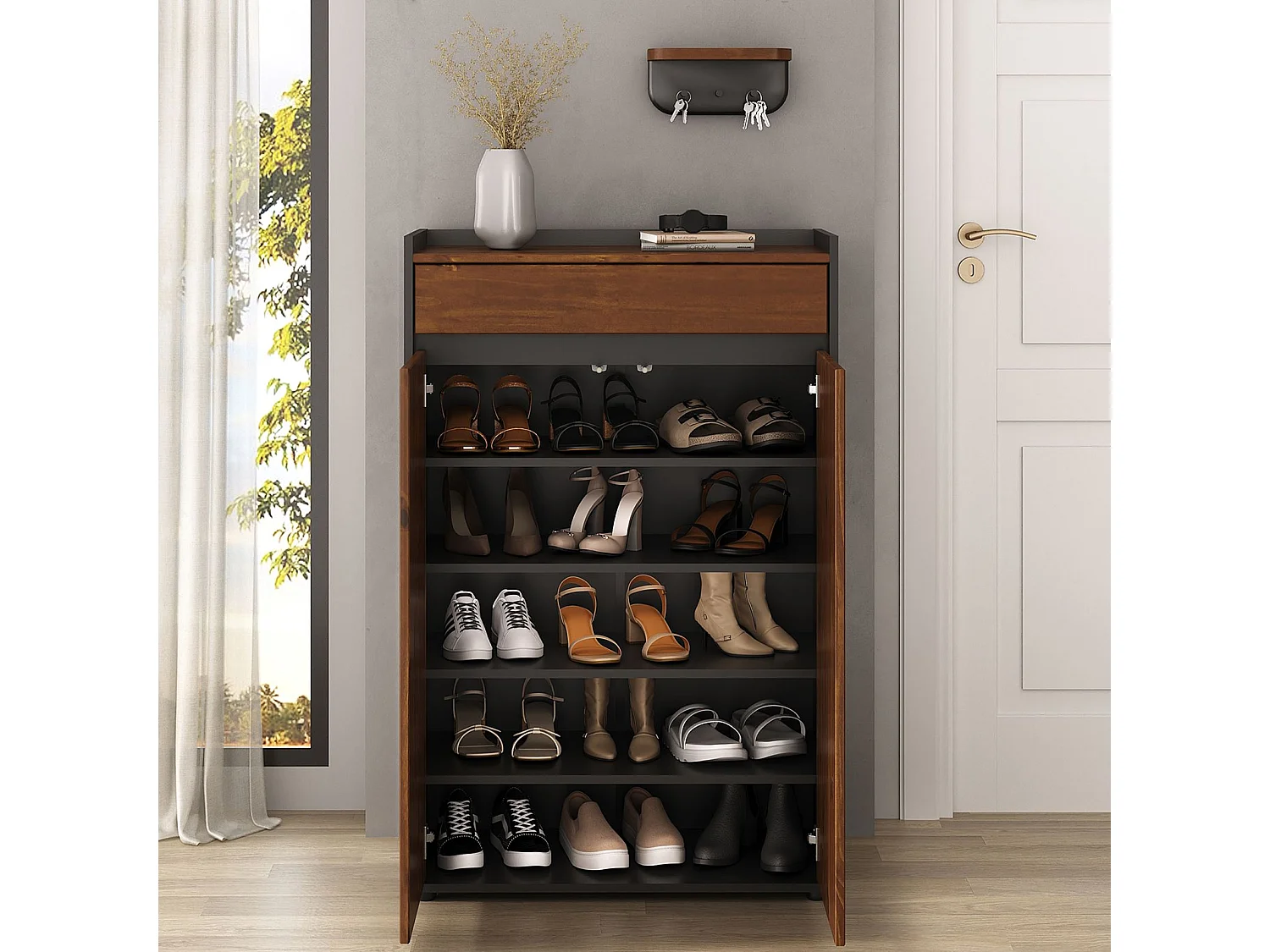 Meuble à Chaussures TILO avec 2 Portes et 1 Tiroir, en Bois Coloris Noir et Châtaignier, Pour 12 à 14 Paires, Rangement à Chaussures