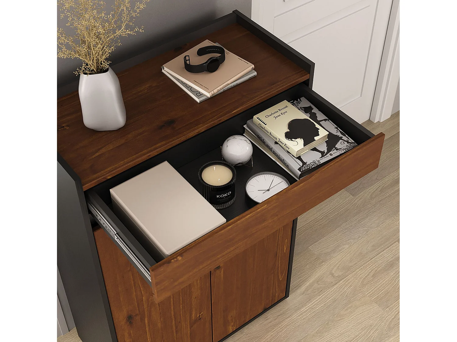 Meuble à Chaussures TILO avec 2 Portes et 1 Tiroir, en Bois Coloris Noir et Châtaignier, Pour 12 à 14 Paires, Rangement à Chaussures