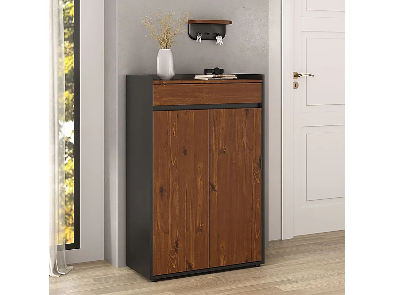 Meuble à Chaussures TILO avec 2 Portes et 1 Tiroir, en Bois Coloris Noir et Châtaignier, Pour 12 à 14 Paires, Rangement à Chaussures