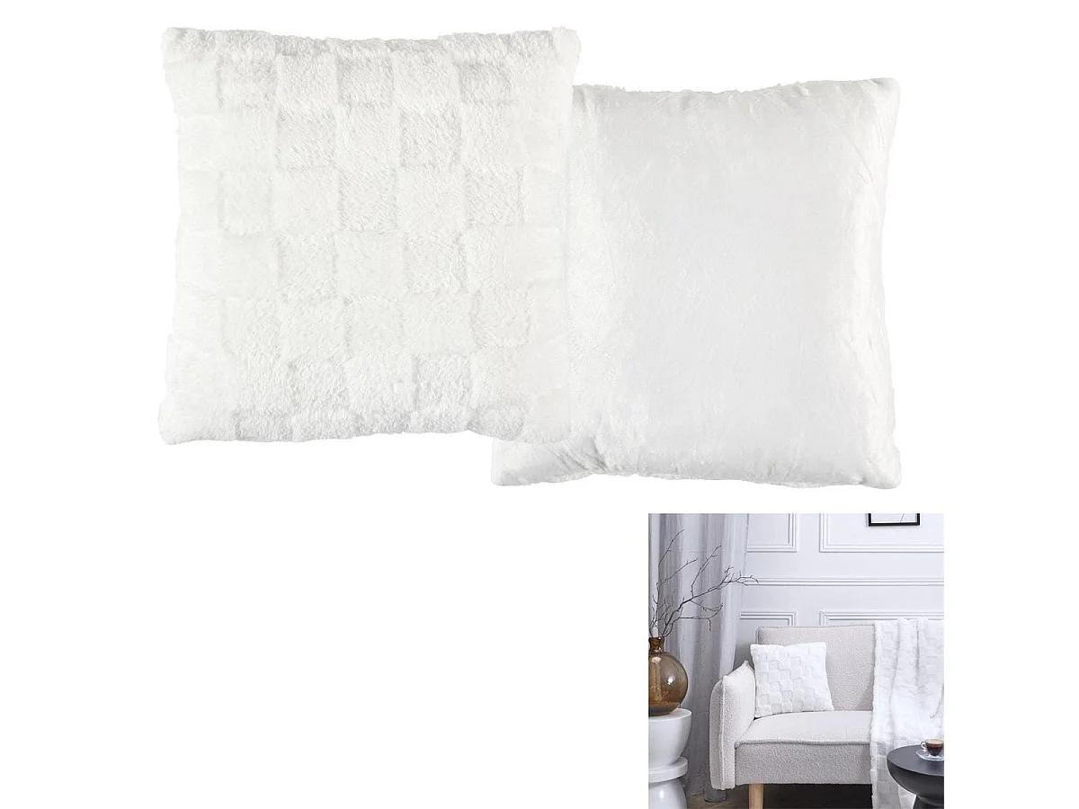 Coussin Flanelle Damier 40x40cm, Blanc et Beige, Doux et Confortable, Facile à Laver - TURIN