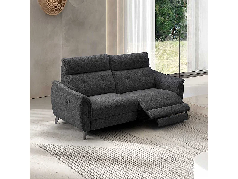 Canapé 2 places relax électrique tissu polyester polyester chiné gris carbone - PLYM