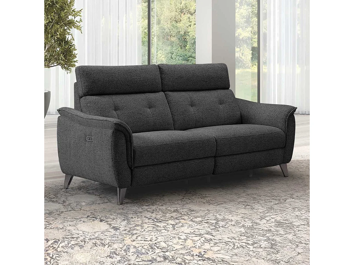 Canapé 3 places relax électrique tissu polyester chiné gris carbone - PLYM