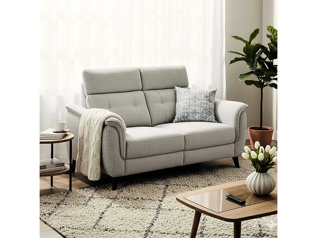 Canapé 2 places fixe tissu polyester chiné gris galet - PLYM