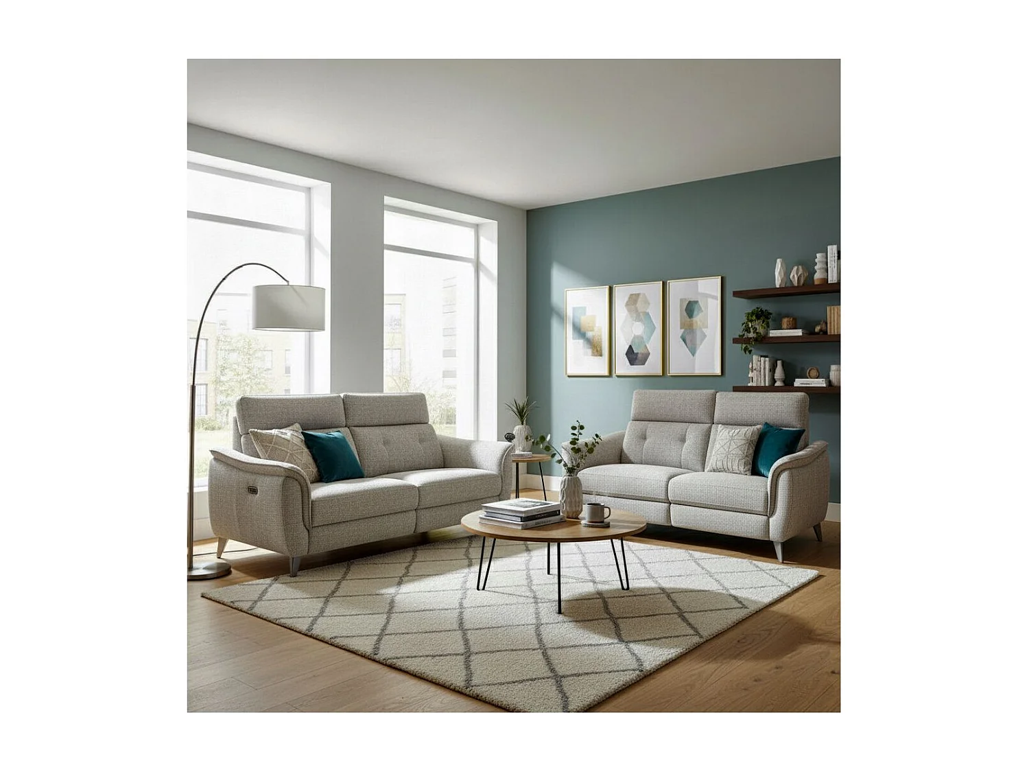 Canapé 2 places fixe tissu polyester chiné gris galet - PLYM