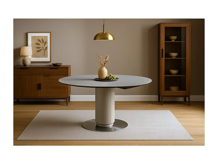 Table extensible ronde 90 à 150 cm en céramique gris pied central - PIVO