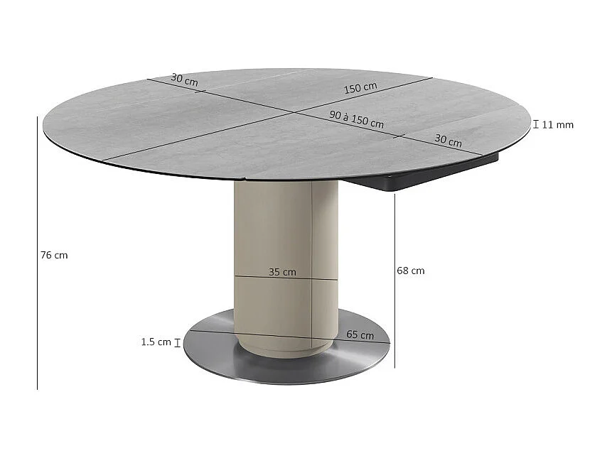 Table extensible ronde 90 à 150 cm en céramique gris pied central - PIVO