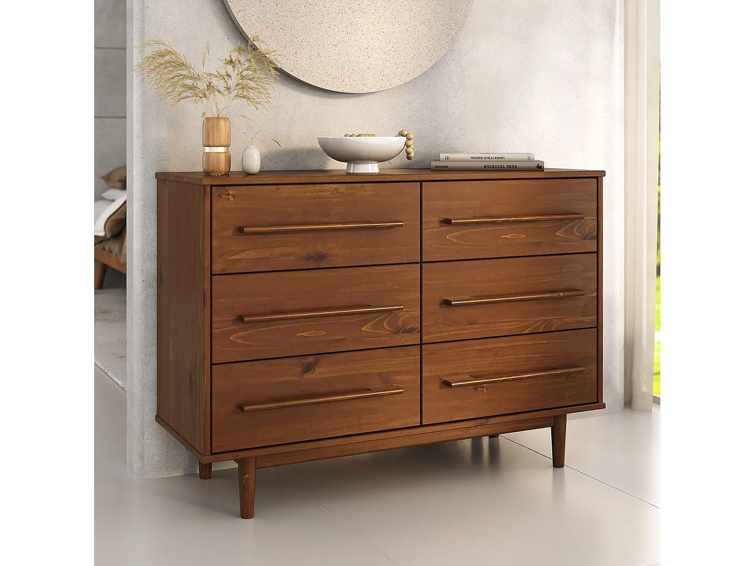 Commode TECCA L 111 cm avec 6 Tiroirs en Bois Massif Coloris Châtaignier, Meuble de Rangement pour Vêtements Design Scandinave