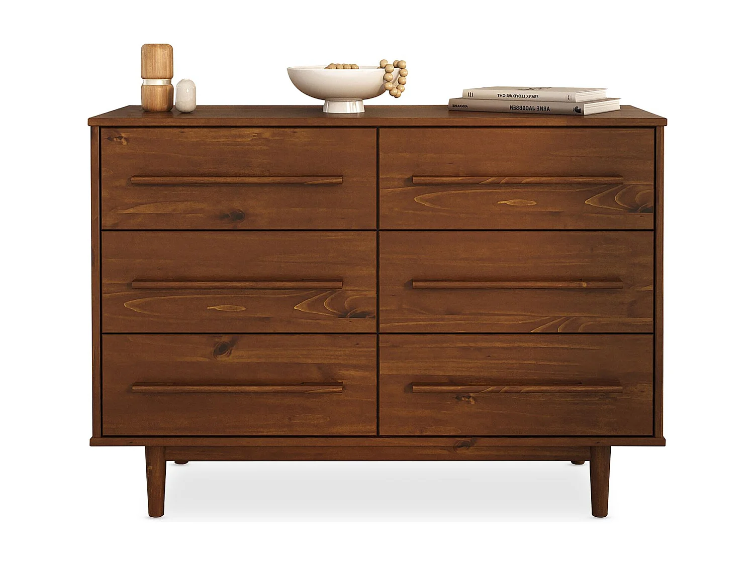 Commode TECCA L 111 cm avec 6 Tiroirs en Bois Massif Coloris Châtaignier, Meuble de Rangement pour Vêtements Design Scandinave