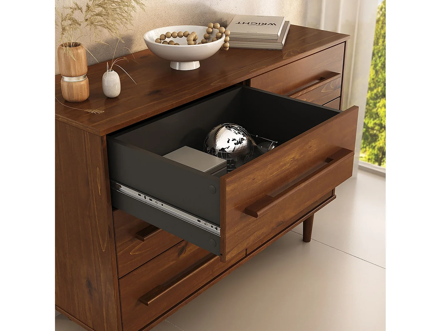 Commode TECCA L 111 cm avec 6 Tiroirs en Bois Massif Coloris Châtaignier, Meuble de Rangement pour Vêtements Design Scandinave