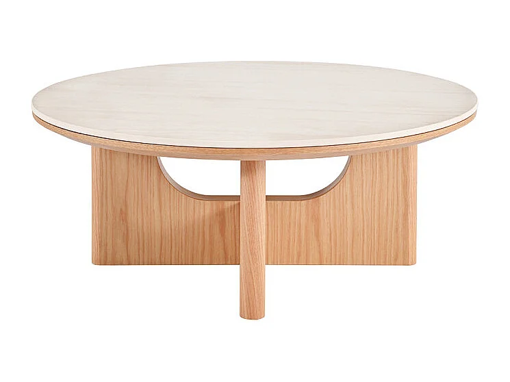 Table basse ronde 80 cm bois et céramique beige pied aéré – DOVE