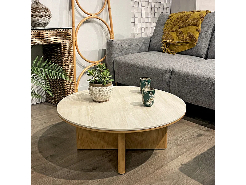 Table basse ronde 80 cm bois et céramique beige pied aéré – DOVE