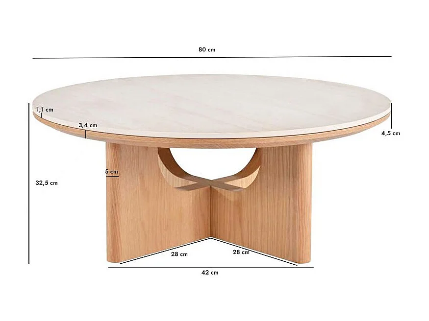 Table basse ronde 80 cm bois et céramique beige pied aéré – DOVE
