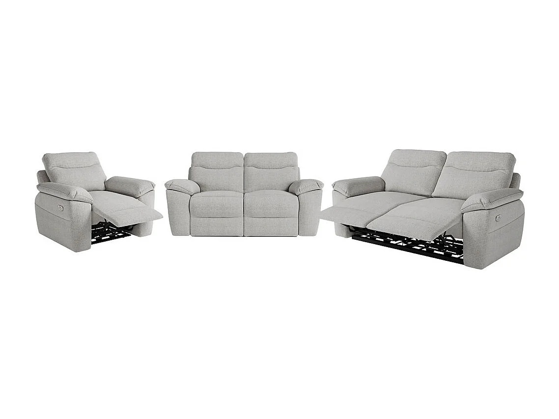 Canapés de relaxation ROSS électriques 3 et 2 places et fauteuil en tissu texturé 3D - Gris clair