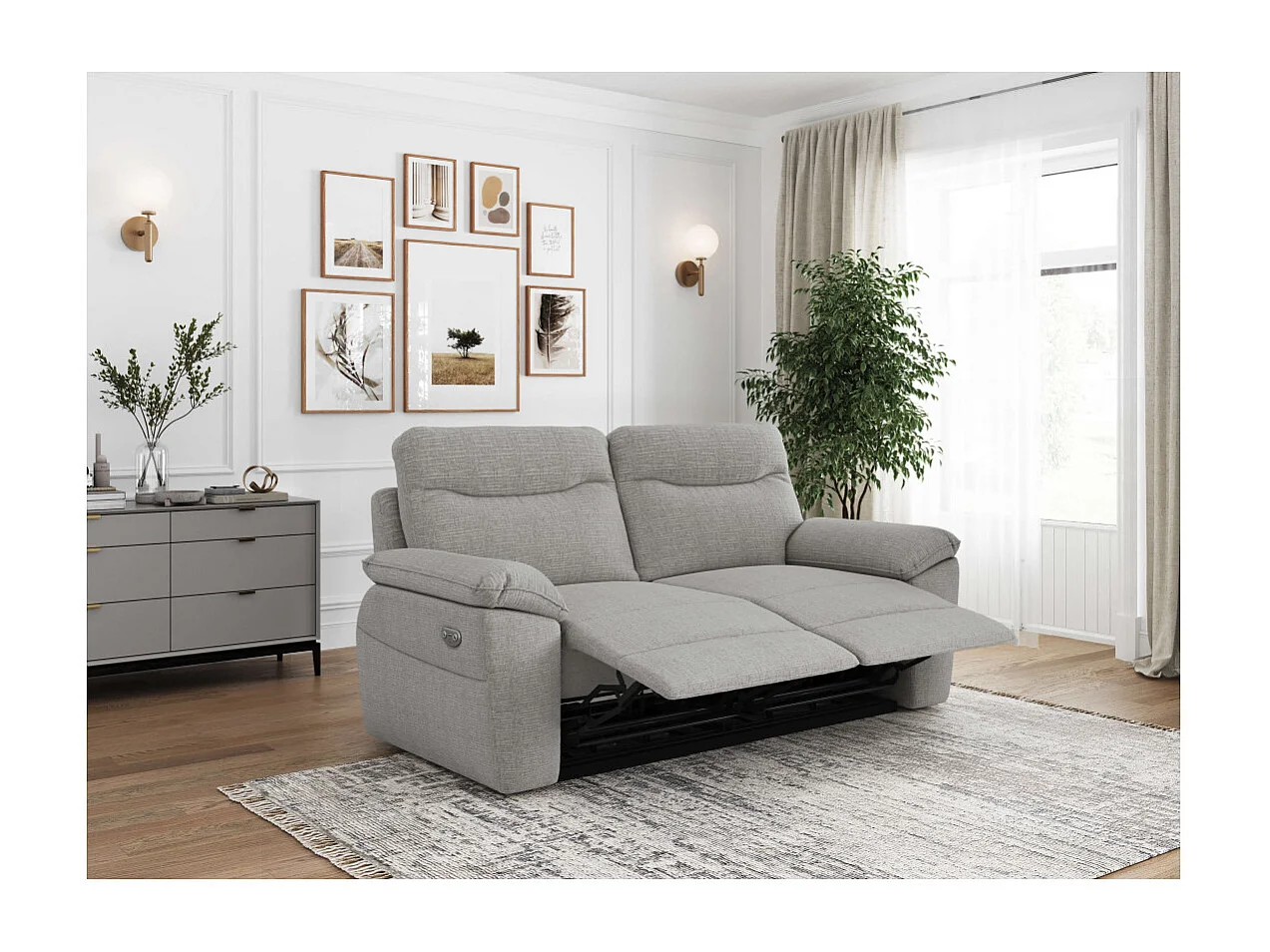 Canapés de relaxation ROSS électriques 3 et 2 places et fauteuil en tissu texturé 3D - Gris clair