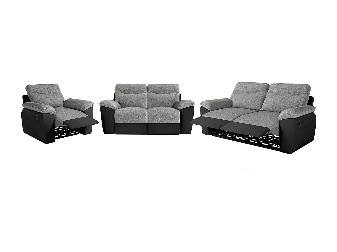 Canapés de relaxation ROSS manuels 3 et 2 places et fauteuil en tissu et simili - Noir/Gris