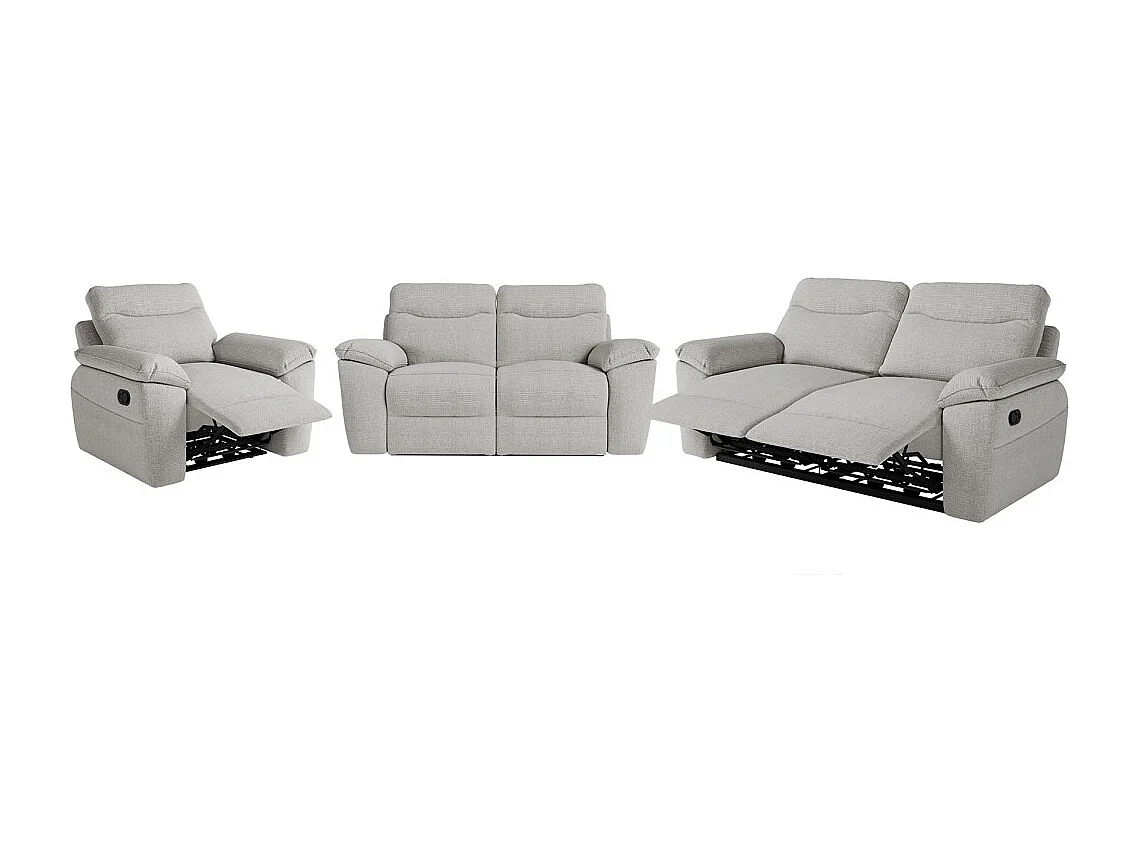 Canapés de relaxation ROSS manuels 3 et 2 places et fauteuil en tissu texturé 3D - Gris clair