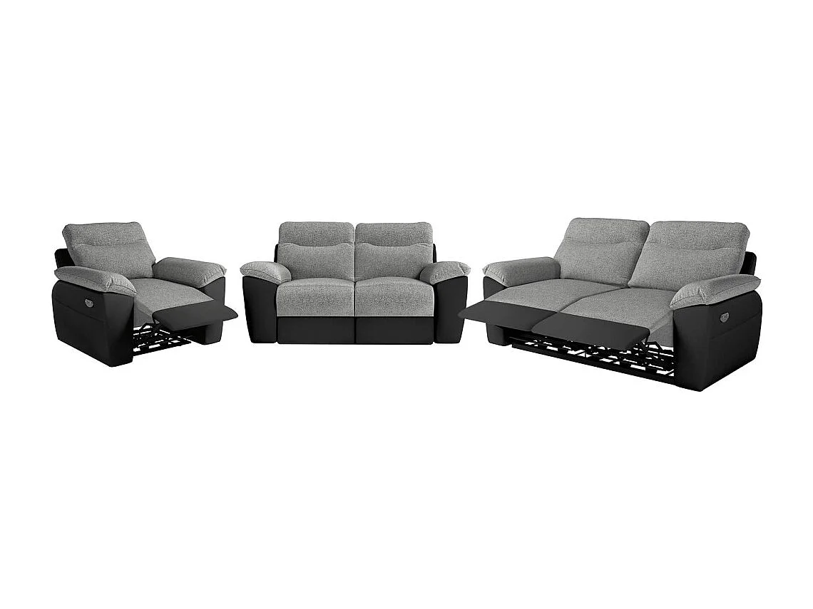 Canapés de relaxation ROSS électriques 3 et 2 places et fauteuil en tissu et simili - Noir/Gris