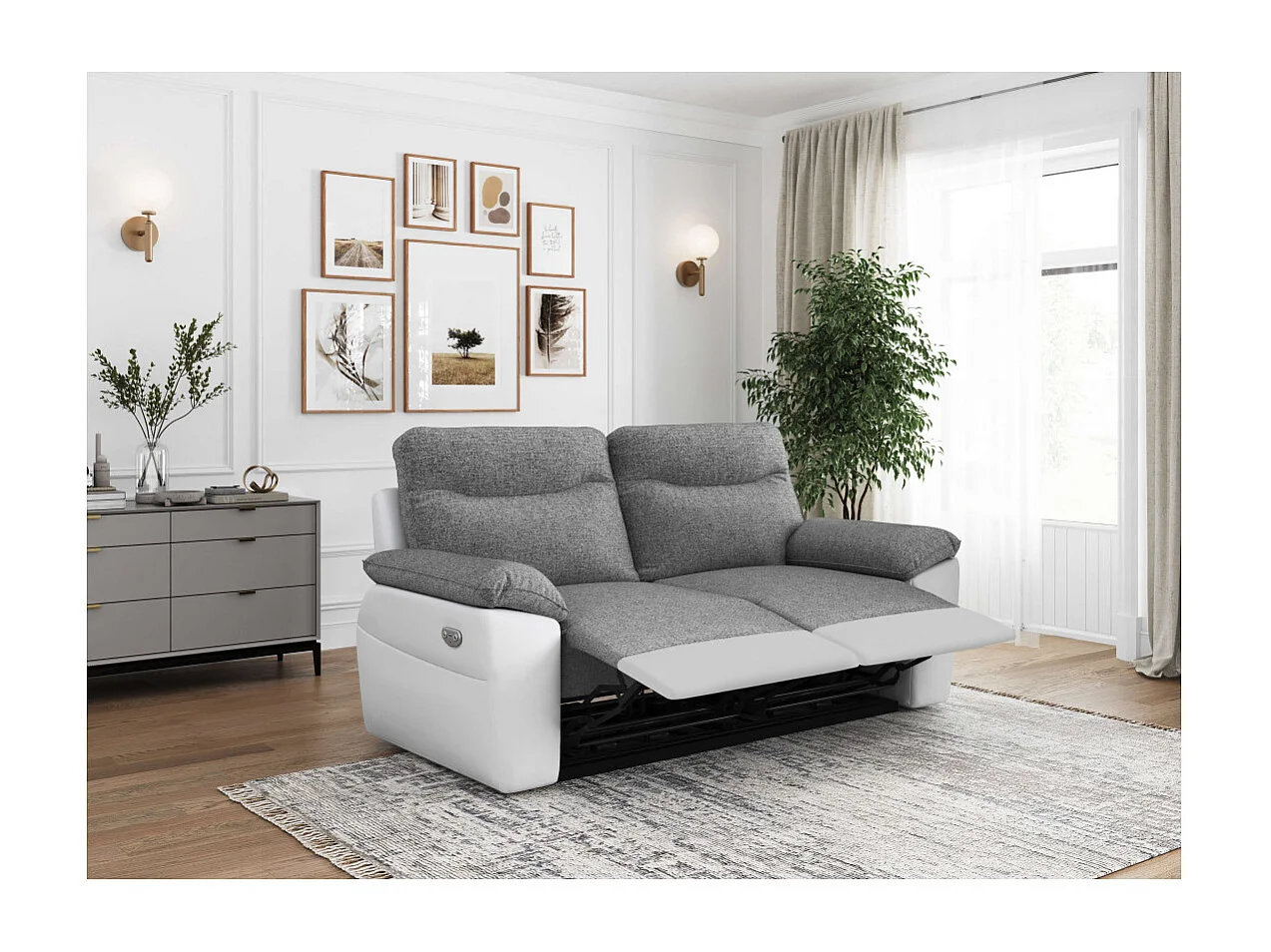 Canapés de relaxation ROSS électriques 3 et 2 places et fauteuil en tissu et simili - Blanc/Gris