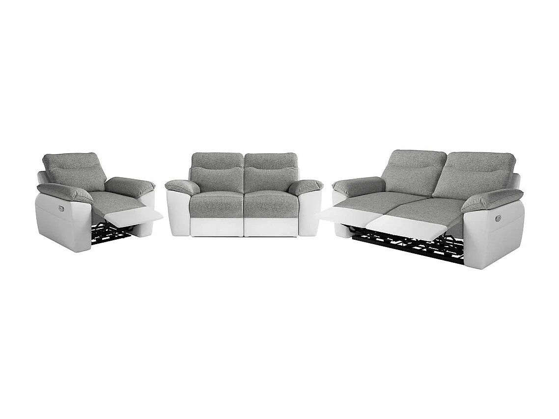 Canapés de relaxation ROSS électriques 3 et 2 places et fauteuil en tissu et simili - Blanc/Gris