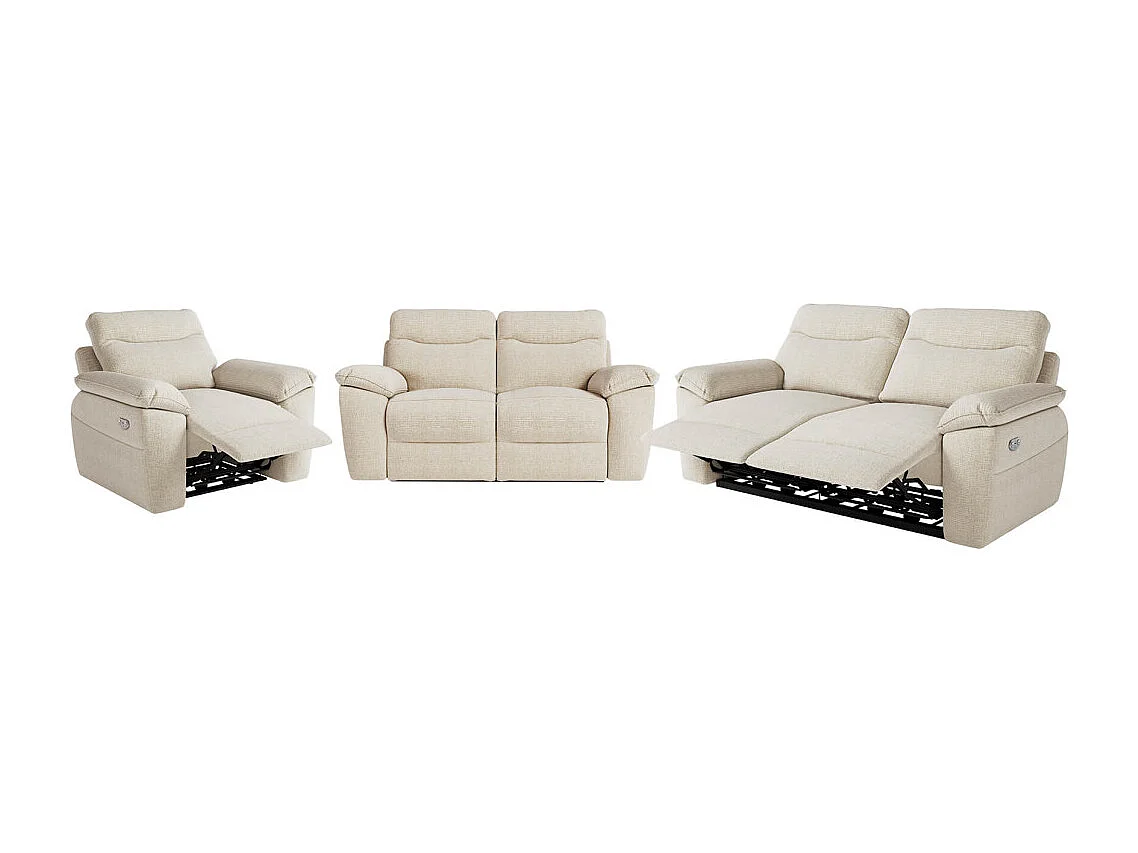 Canapés de relaxation ROSS électriques 3 et 2 places et fauteuil en tissu texturé 3D - Beige