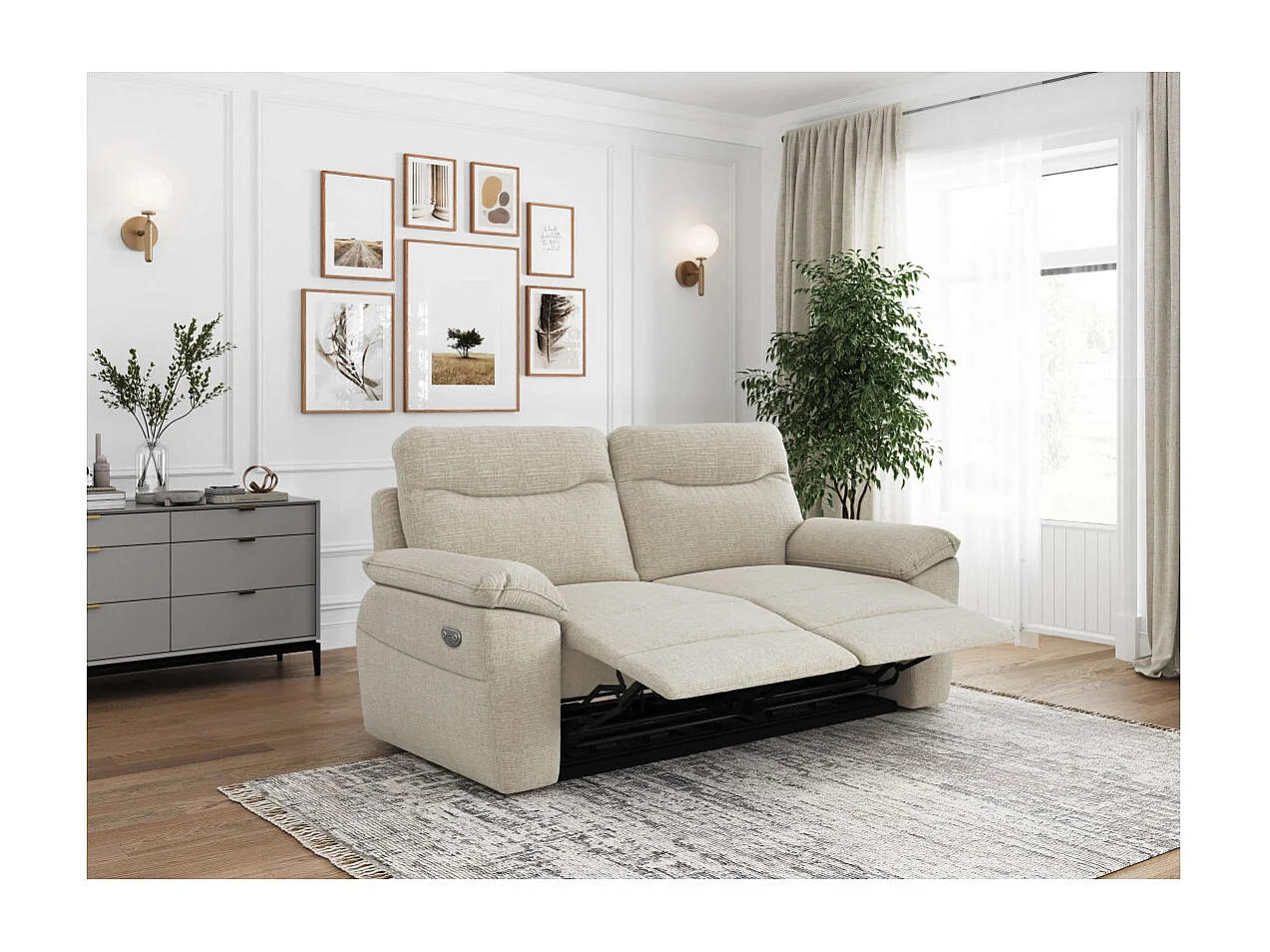 Canapés de relaxation ROSS électriques 3 et 2 places et fauteuil en tissu texturé 3D - Beige