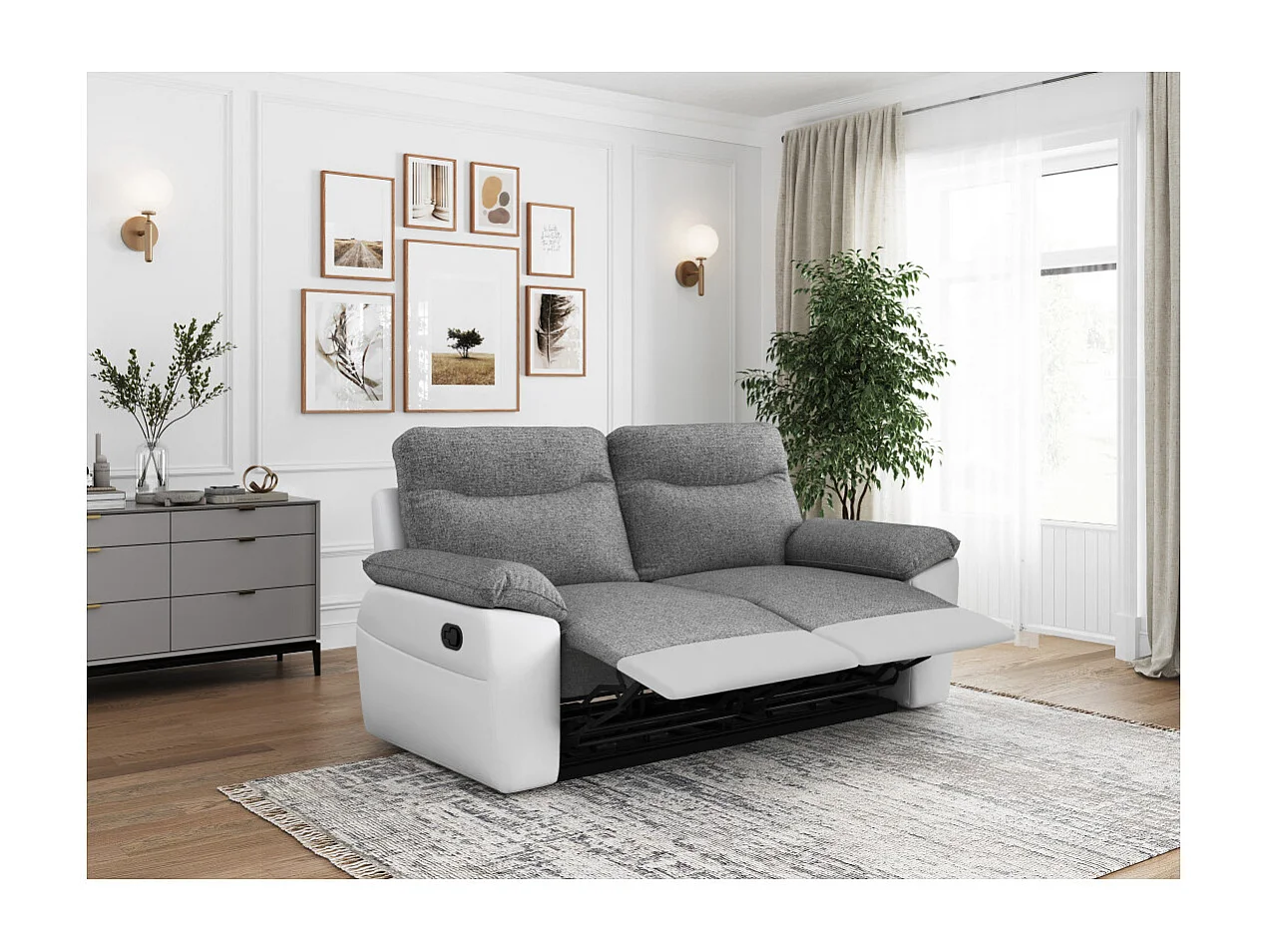 Canapés de relaxation ROSS manuels 3 et 2 places et fauteuil en tissu et simili - Blanc/Gris