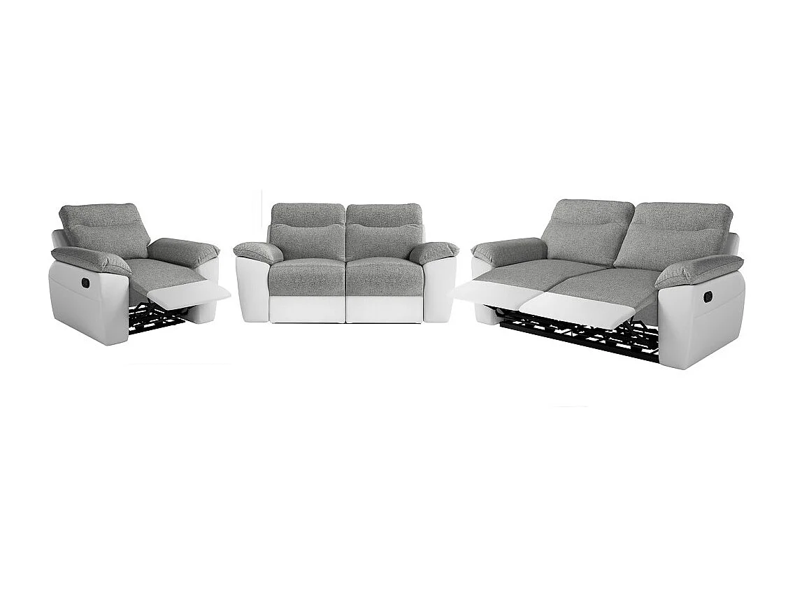 Canapés de relaxation ROSS manuels 3 et 2 places et fauteuil en tissu et simili - Blanc/Gris