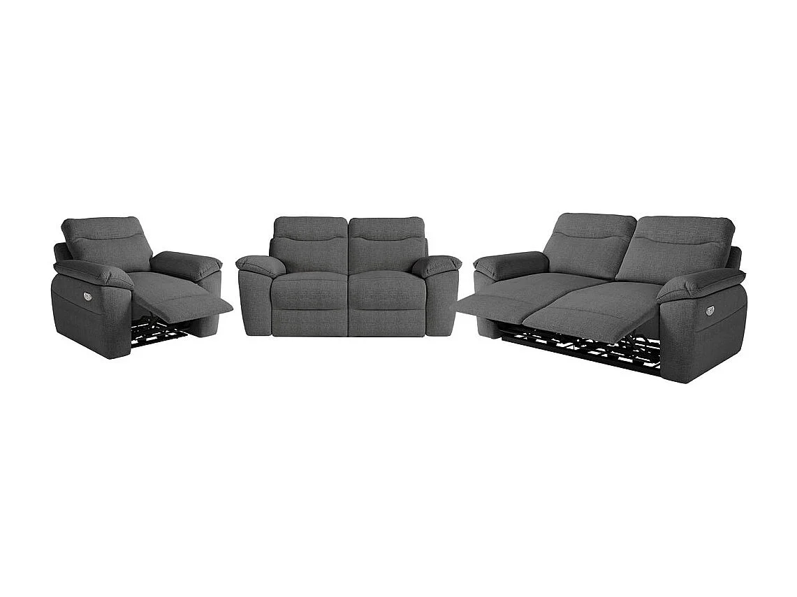 Canapés de relaxation ROSS électriques 3 et 2 places et fauteuil en tissu texturé 3D - Gris anthracite