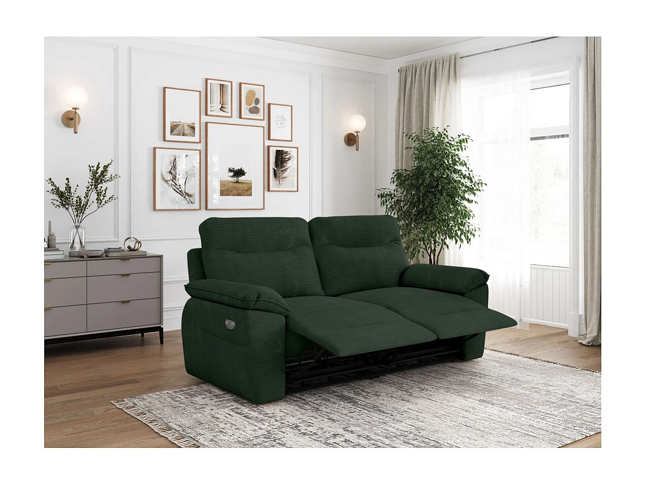 Canapés de relaxation ROSS électriques 3 et 2 places et fauteuil en velours côtelé - Vert foncé
