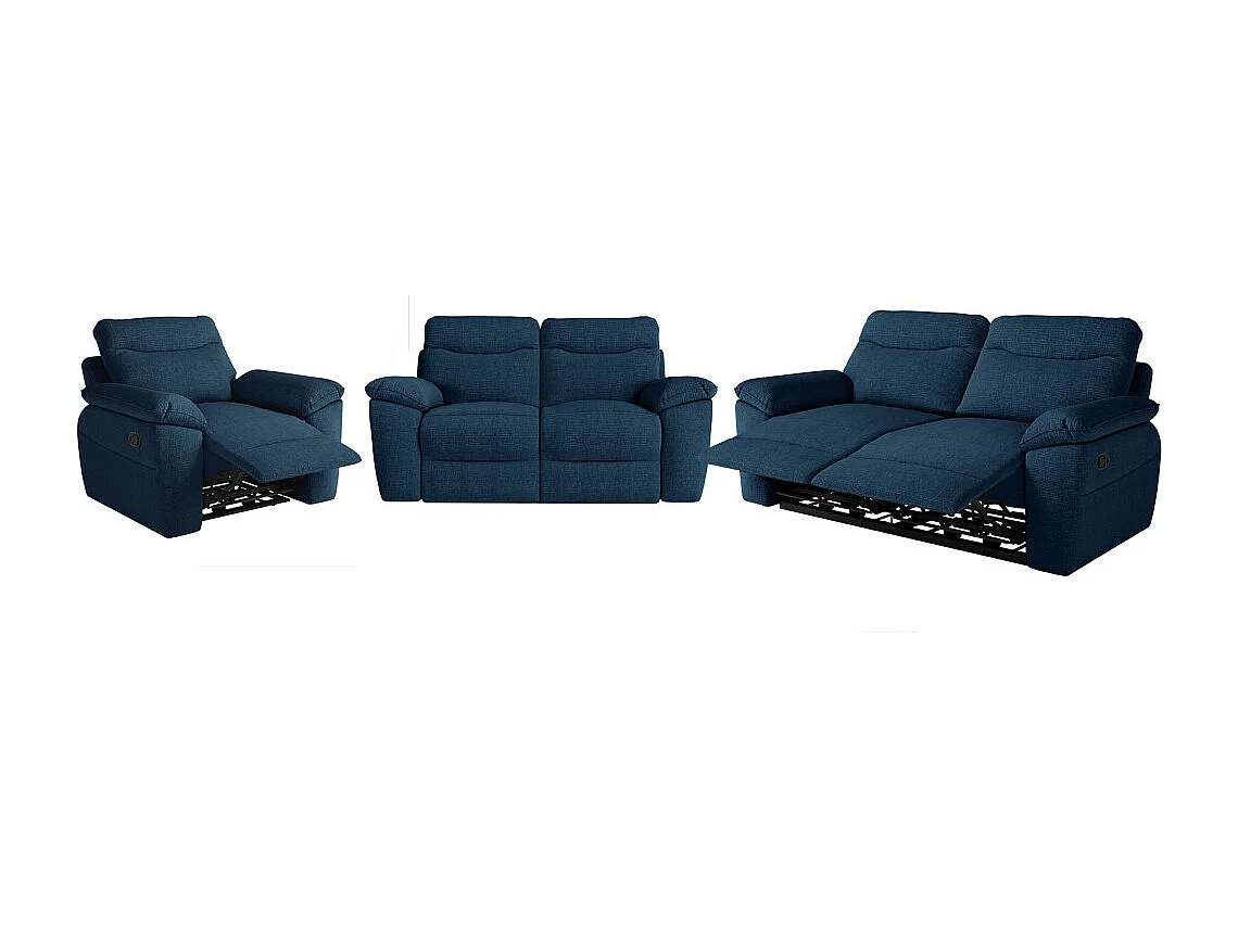 Canapés de relaxation ROSS manuels 3 et 2 places et fauteuil en tissu texturé 3D - Bleu foncé