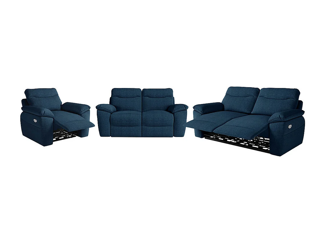 Canapés de relaxation ROSS électriques 3 et 2 places et fauteuil en tissu texturé 3D - Bleu foncé