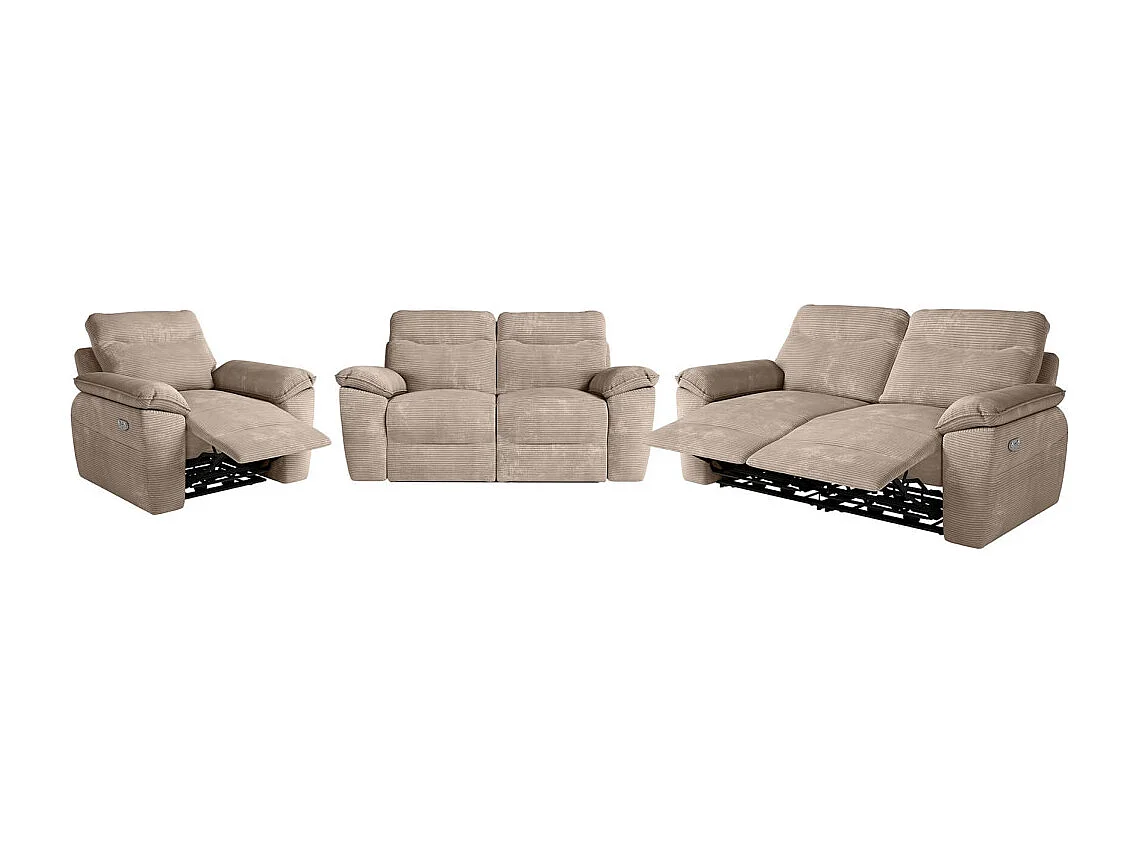Canapés de relaxation ROSS électriques 3 et 2 places et fauteuil en velours côtelé - Taupe