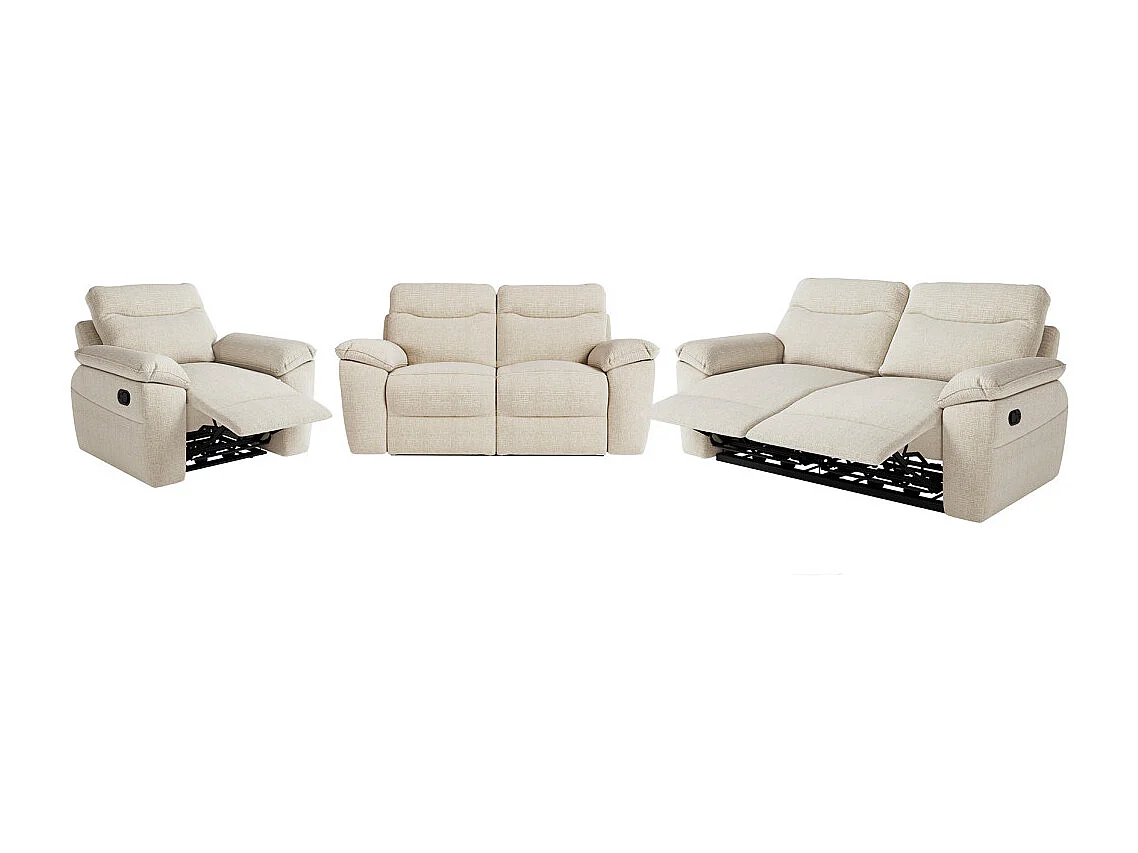 Canapés de relaxation ROSS manuels 3 et 2 places et fauteuil en tissu texturé 3D - Beige