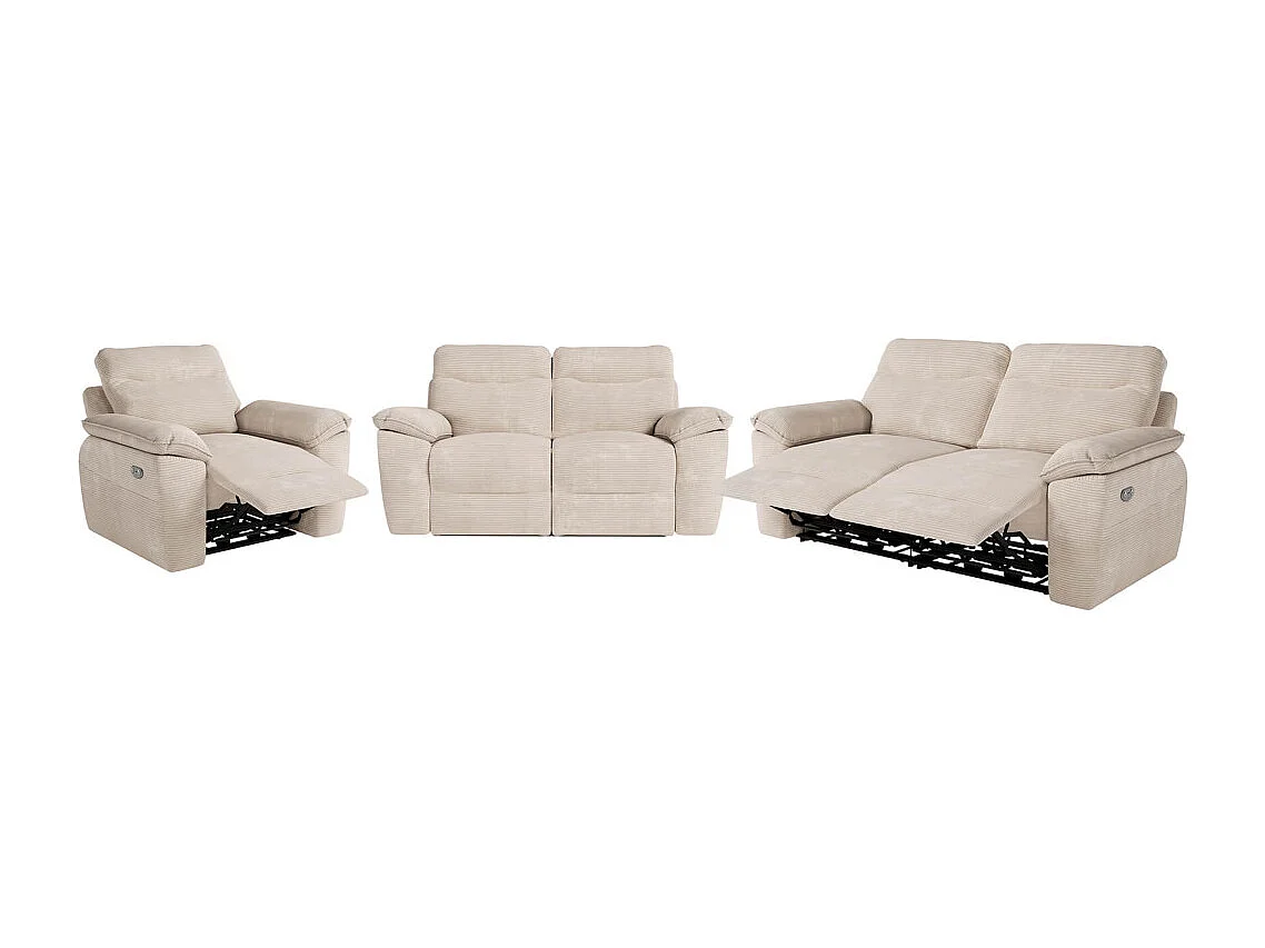 Canapés de relaxation ROSS électriques 3 et 2 places et fauteuil en velours côtelé - Beige